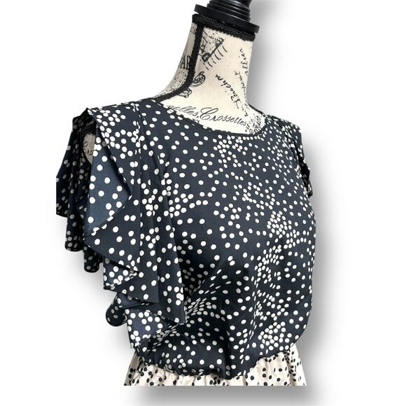 Armani Exchange S Black Beige Dress Ruffle Sleeves Polka Dot Elastic Waist Party - Picture 2 of 9